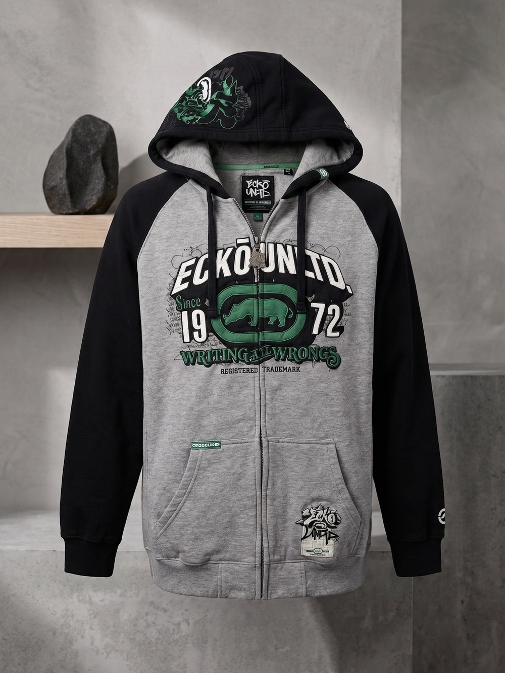 Ecko Unltd. Vintage Style Grey Black Full Zip Graphic Hoodie Sweatshirt Large